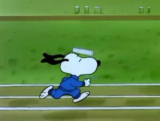 A cartoon dog running on a track, wearing a blue outfit and looking determined.